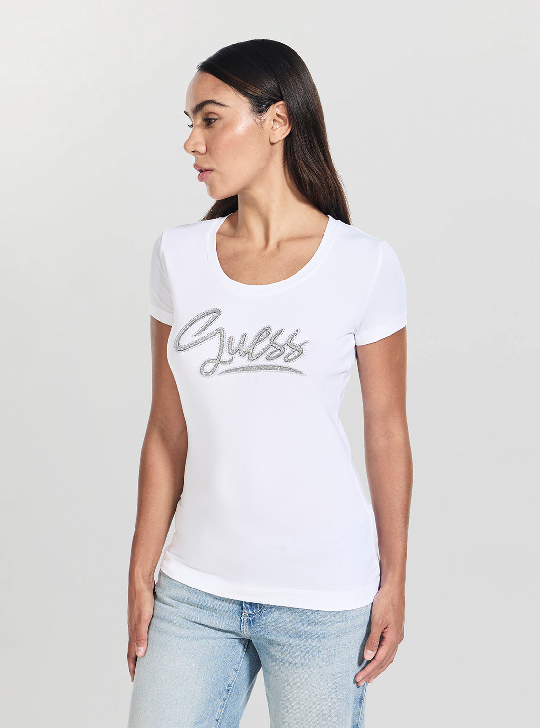 GUESS Womens White Script Logo T-Shirt W6RI24J1314 Front View