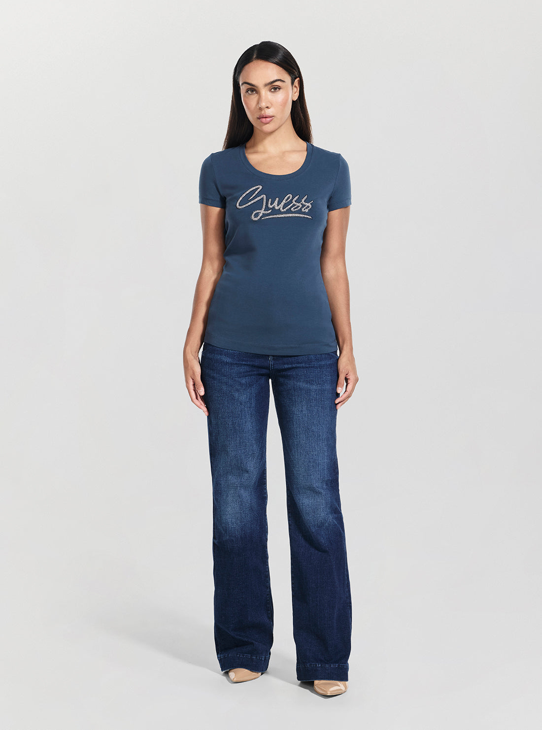 GUESS Womens Blue Script Logo T-Shirt W6RI24J1314 Full View
