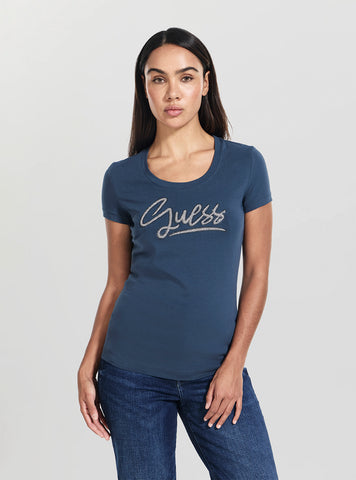 GUESS Womens Blue Script Logo T-Shirt W6RI24J1314 Front View