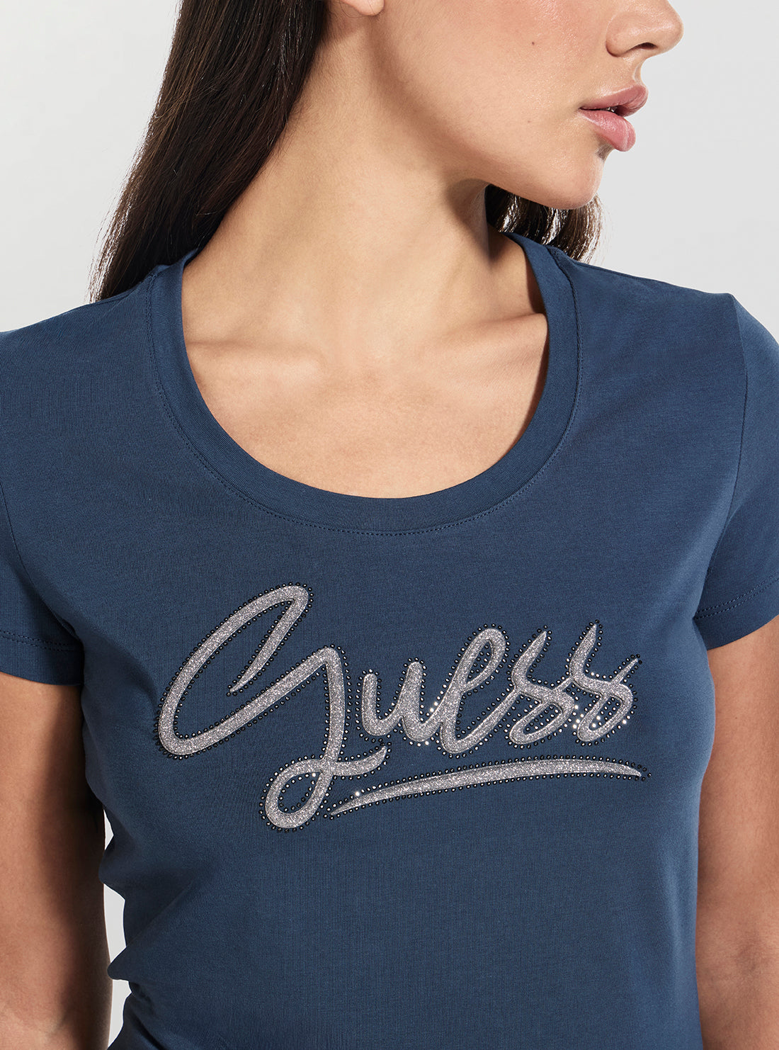 GUESS Womens Blue Script Logo T-Shirt W6RI24J1314 Detail View
