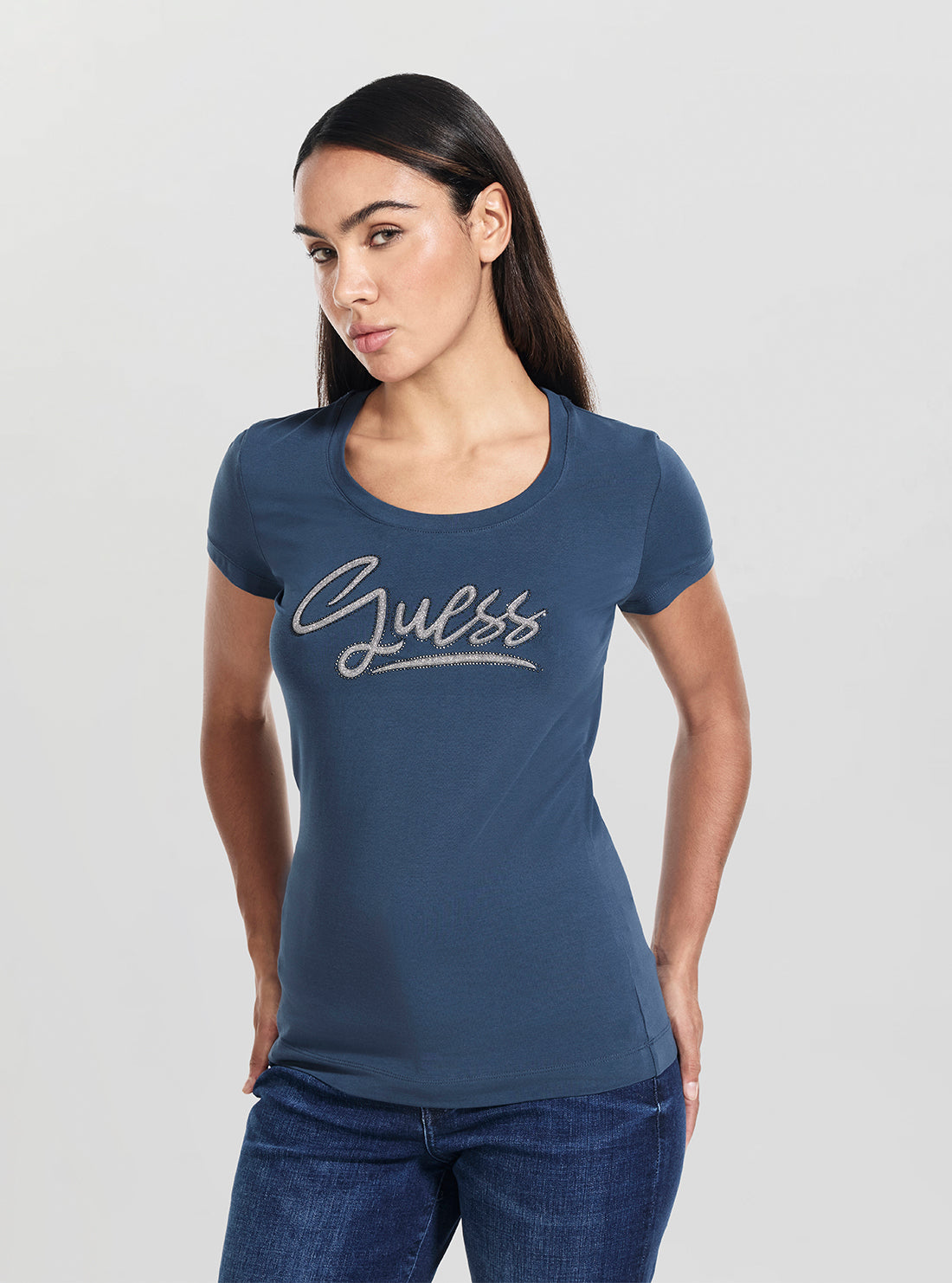 GUESS Womens Blue Script Logo T-Shirt W6RI24J1314 Front Side View