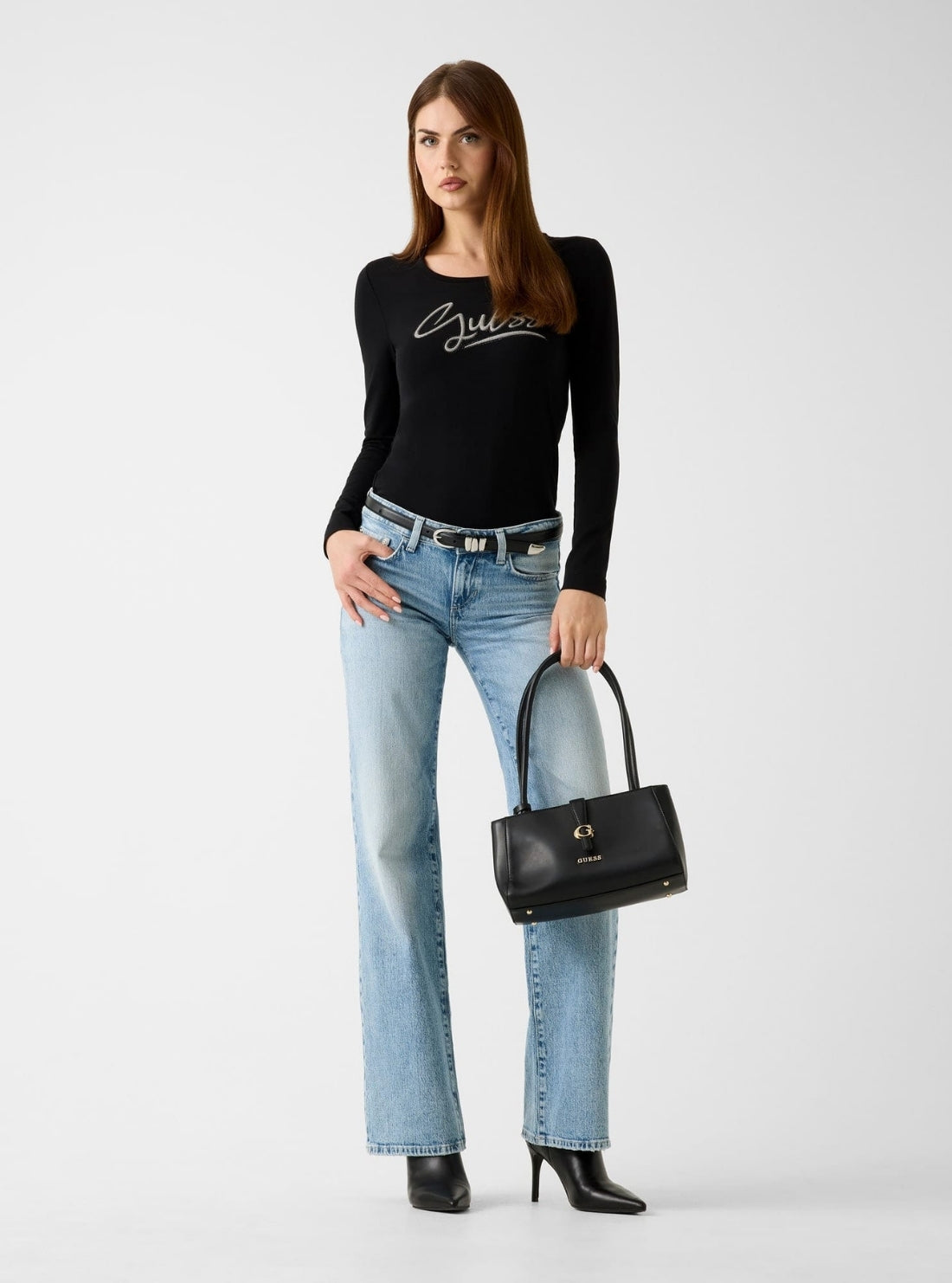 GUESS Womens Black Logo Script Long Sleeve T-Shirt W6RI25J1314 Full View