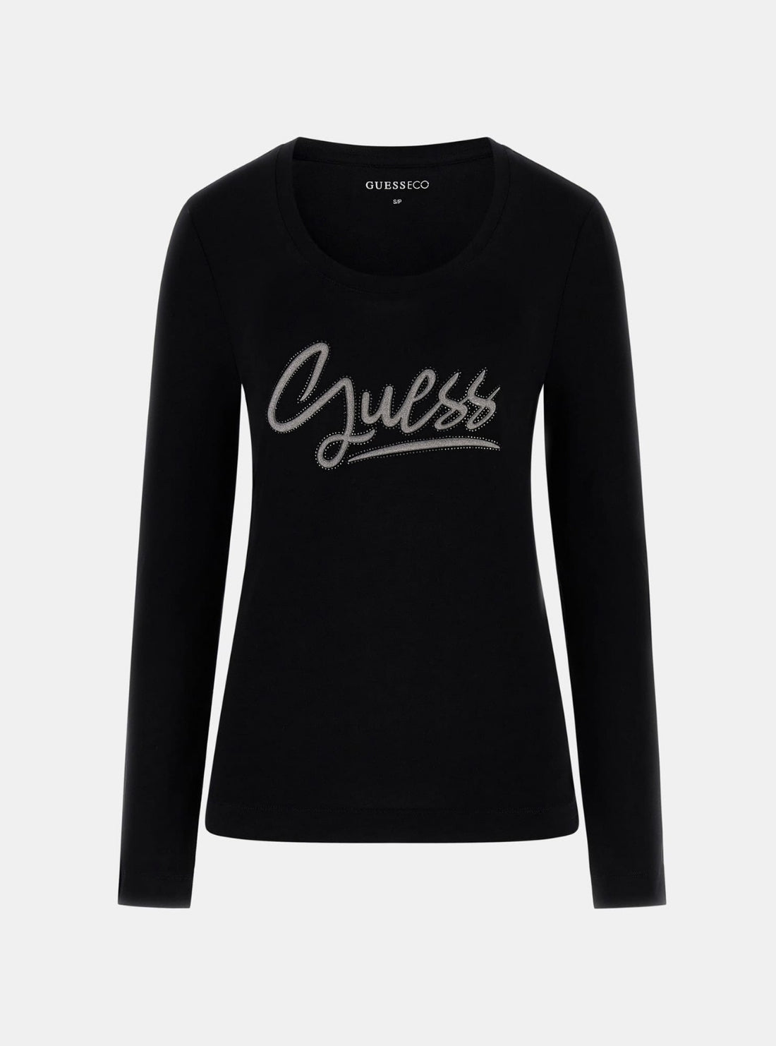 GUESS Womens Black Logo Script Long Sleeve T-Shirt W6RI25J1314 Flatlay