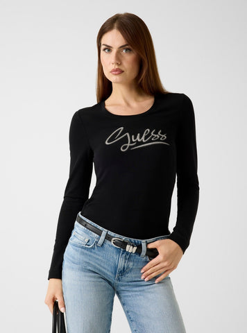 GUESS Womens Black Logo Script Long Sleeve T-Shirt W6RI25J1314 Front View