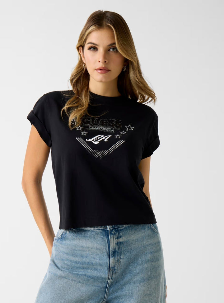 GUESS Womens Eco Black Stars Rhinestones T-Shirt W6RI30I3Z14 Front View