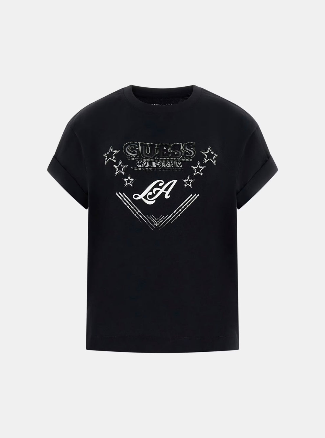 GUESS Womens Eco Black Stars Rhinestones T-Shirt W6RI30I3Z14 Flatlay