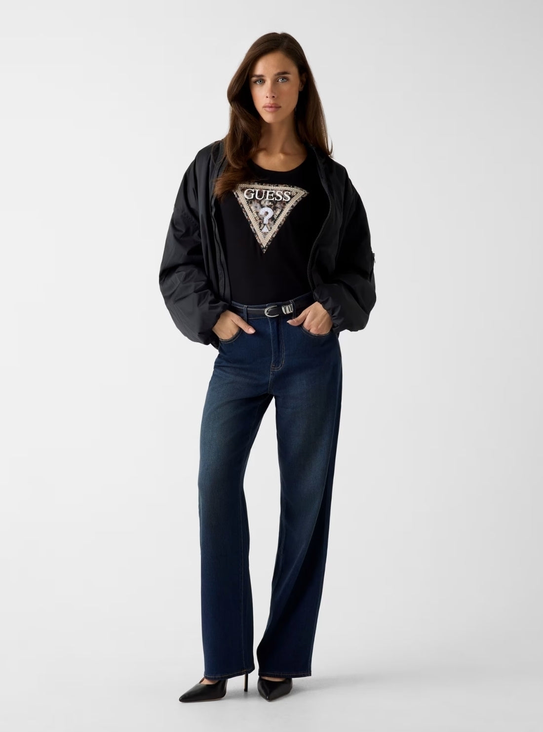 GUESS Womens Eco Black Leo Triangle T-Shirt W6RI32J1314 Full View