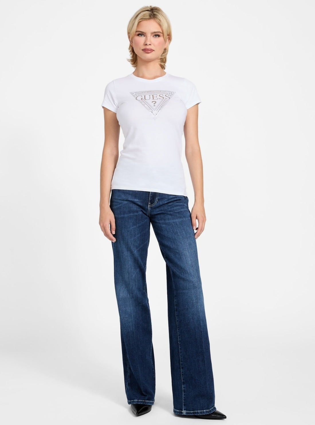 GUESS Womens Eco White Mixed Bling Logo T-Shirt W6RI59KA0Q1 Full View