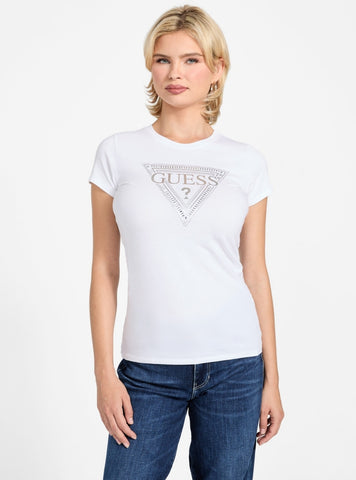 GUESS Womens Eco White Mixed Bling Logo T-Shirt W6RI59KA0Q1 Front View