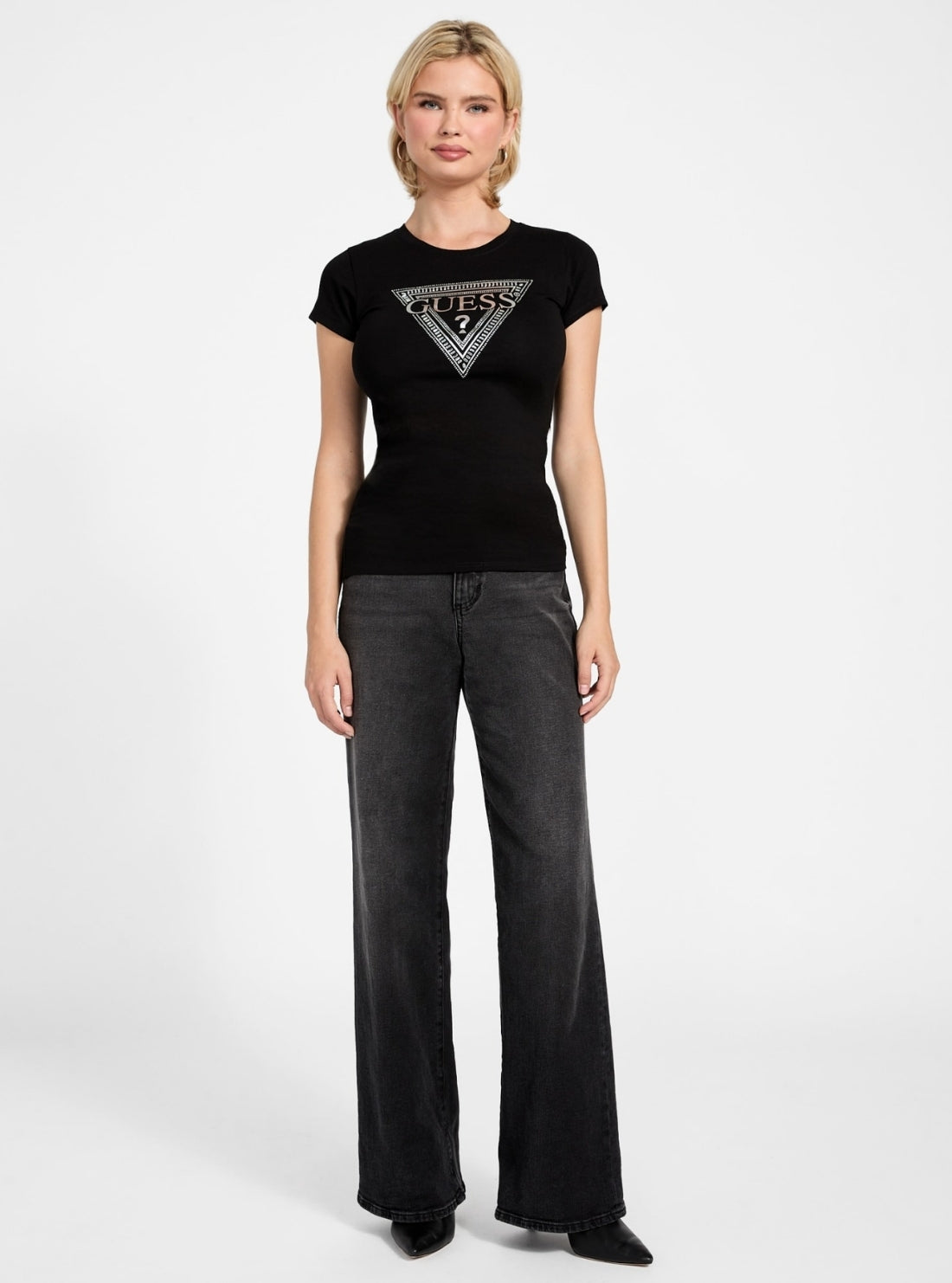 GUESS Womens Black Mixed Bling Logo T-Shirt W6RI59KA0Q1 Full View
