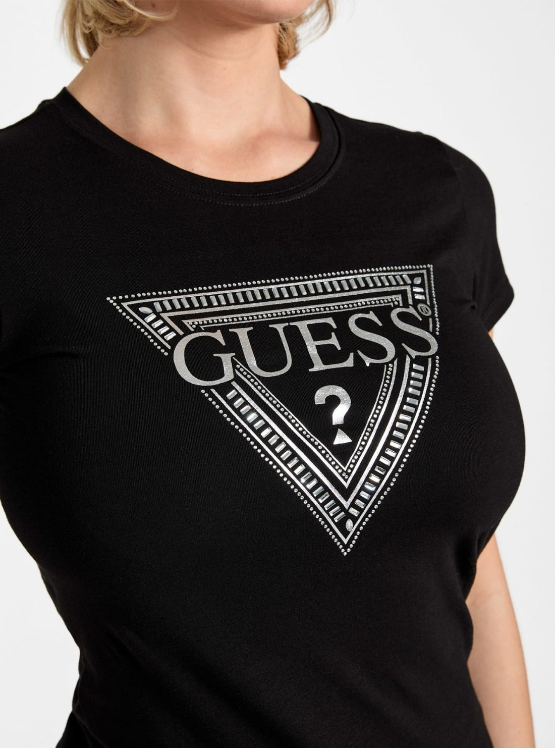 GUESS Womens Black Mixed Bling Logo T-Shirt W6RI59KA0Q1 Detail VIew