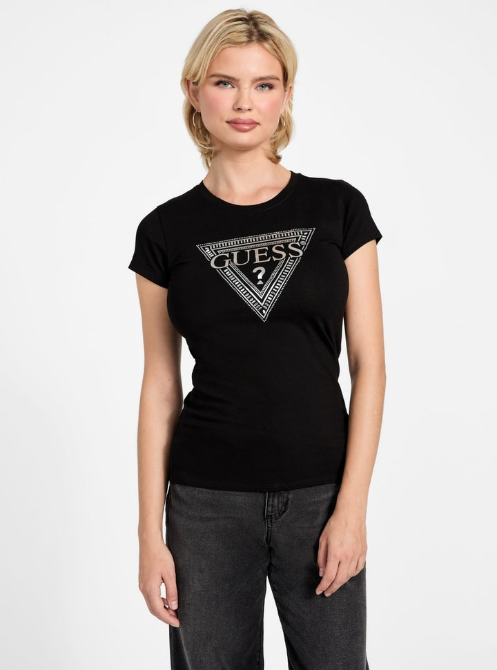GUESS Womens Black Mixed Bling Logo T-Shirt W6RI59KA0Q1 Front View