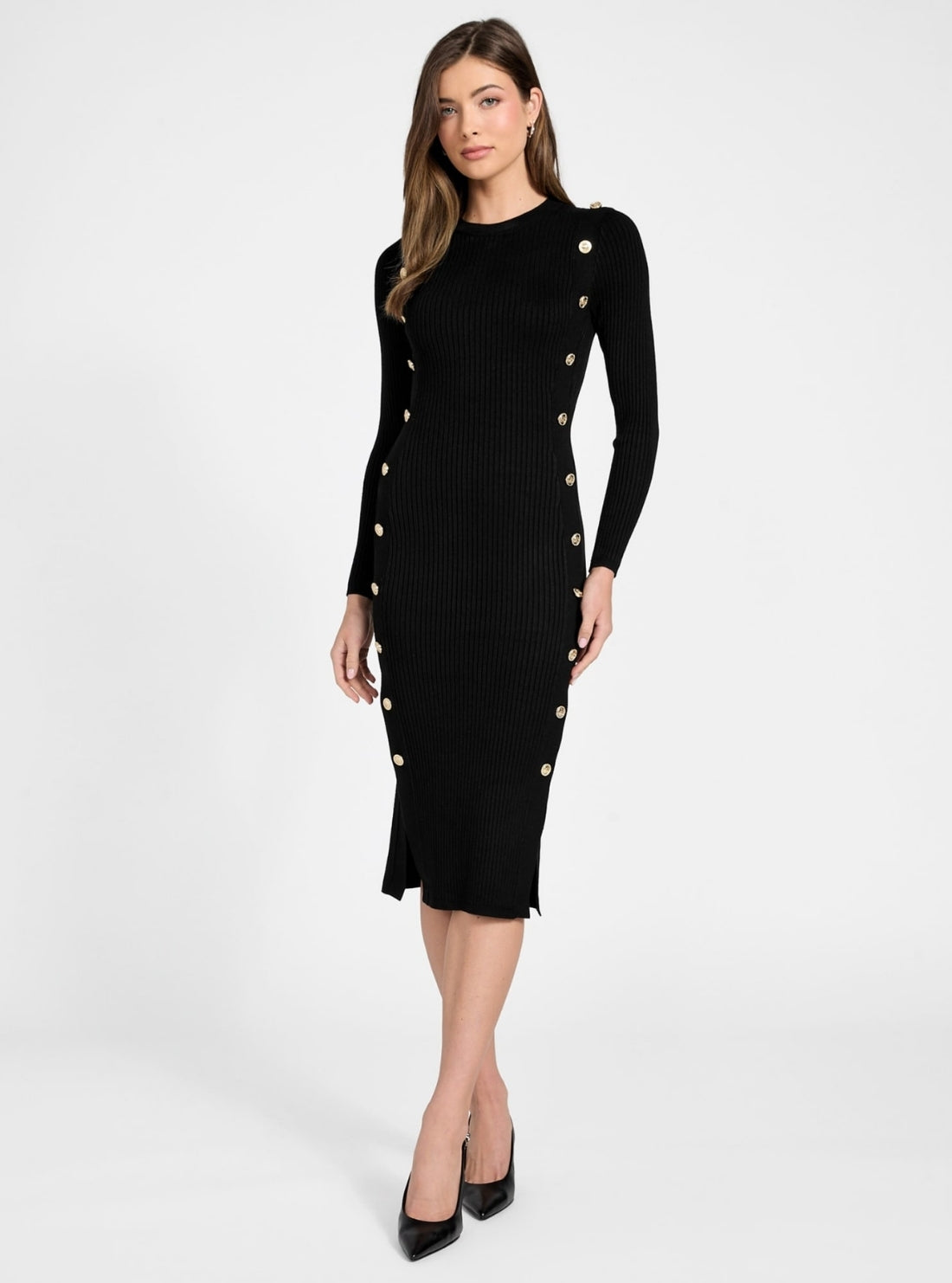 GUESS Womens Black Vonn Button Trim Midi Sweater Dress W6RK06Z2YJ2 Full View