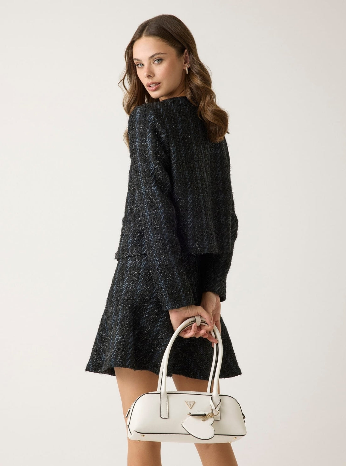 GUESS Womens Black Multi Andie Tweed Jacket W6RL14WI272 Back View