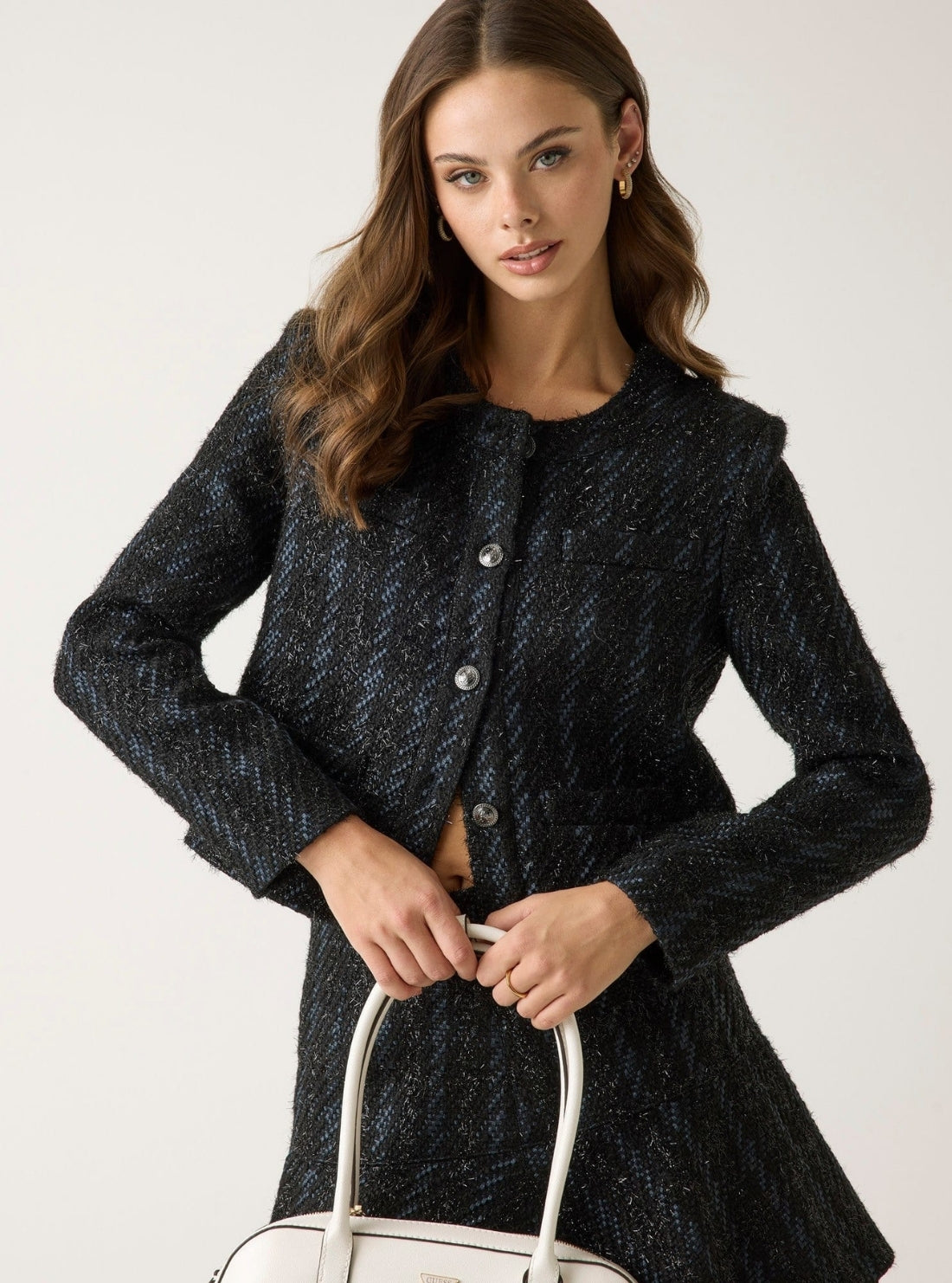 GUESS Womens Black Multi Andie Tweed Jacket W6RL14WI272 Front View