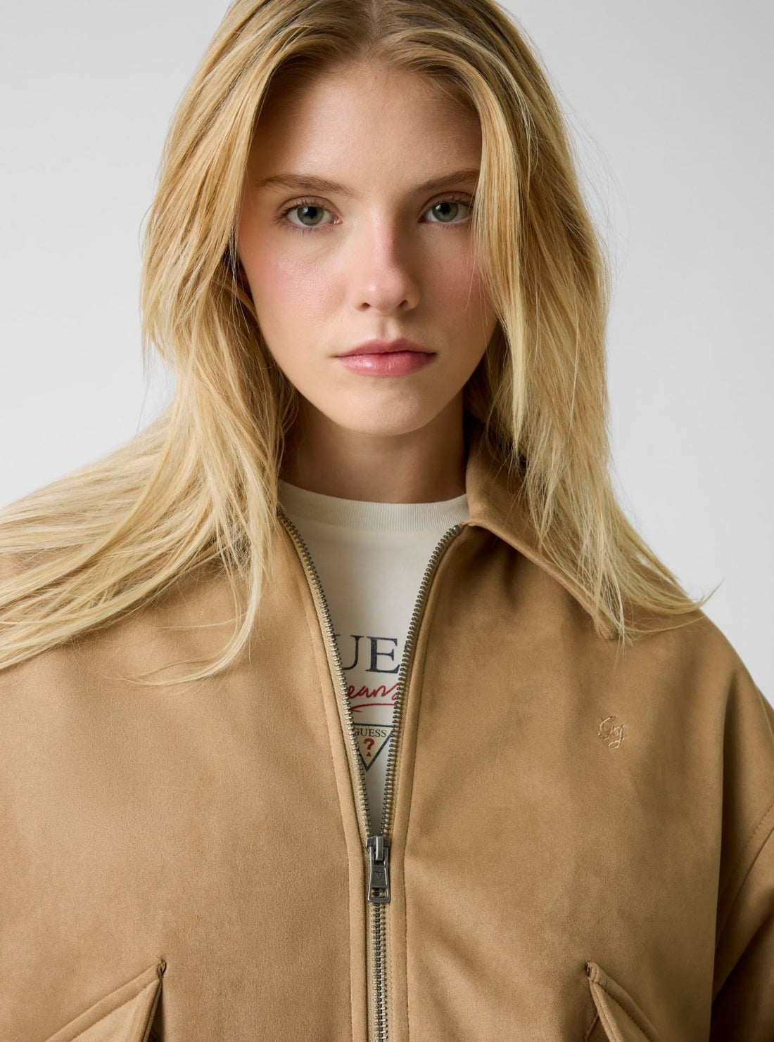 Guess Jeans Brown Faux Suede Bomber Jacket W6RL36WJ842 Detail View
