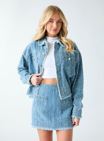 GUESS Womens Blue Amandina Tweed Jacket W6RN67D6871 Front View