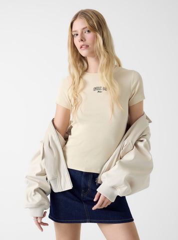 Guess Jeans Beige Embroidered Slim T-Shirt W6RP21KA0H1 Front View