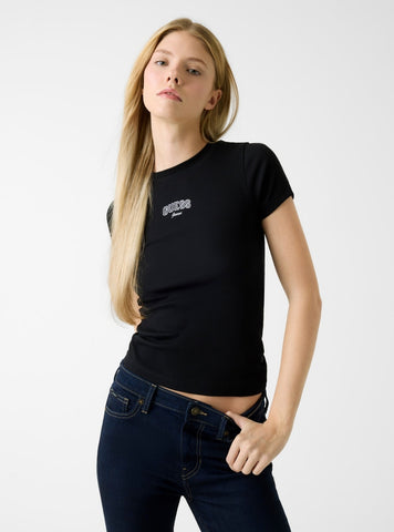 Guess Jeans Black Embroidered T-Shirt W6RP21KA0H1 Front View