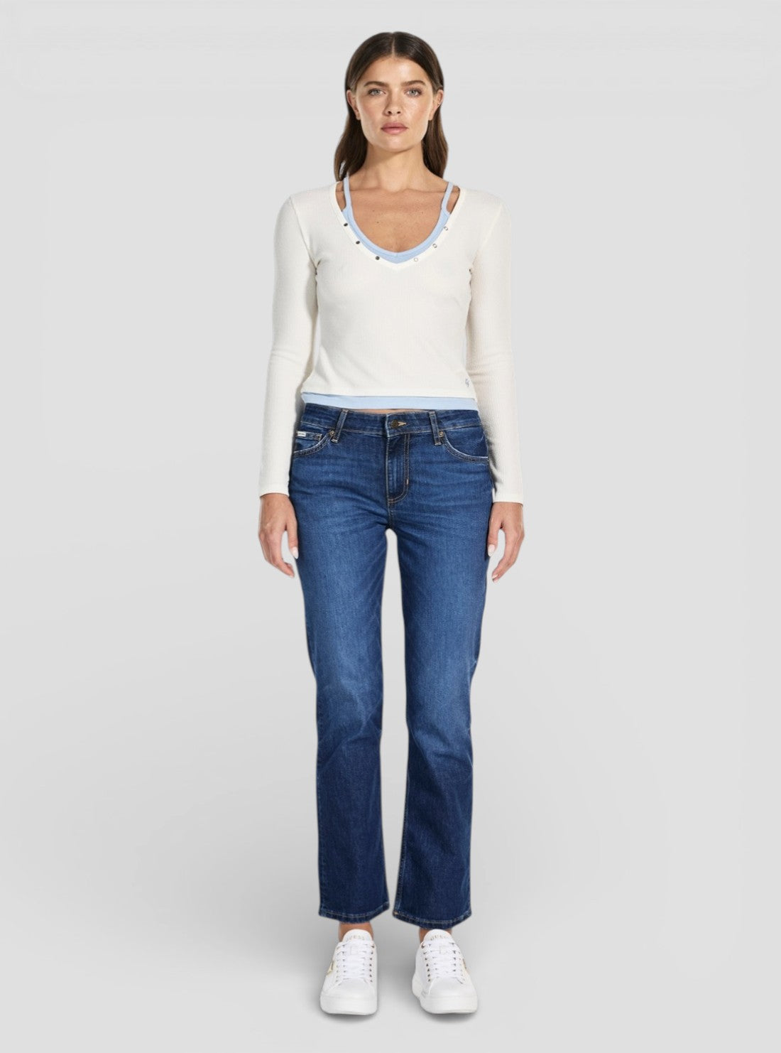 Guess Jeans White Layered Waffle Top W6RP31KD072 Full View