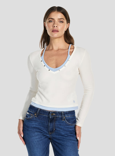 Guess Jeans White Layered Waffle Top W6RP31KD072 Front View_2