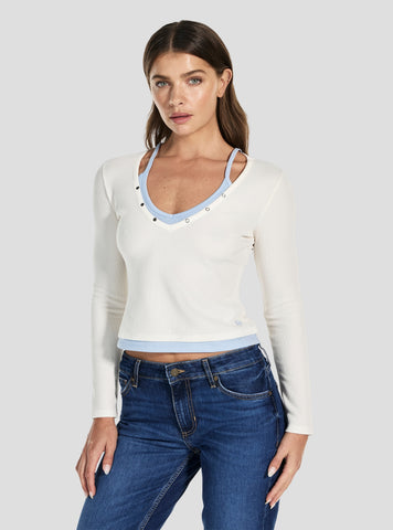 Guess Jeans White Layered Waffle Top W6RP31KD072 Front View