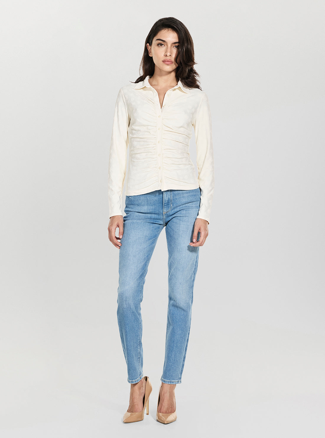 GUESS Womens White Shirring Nyna Top W6RP43KA660 Full View