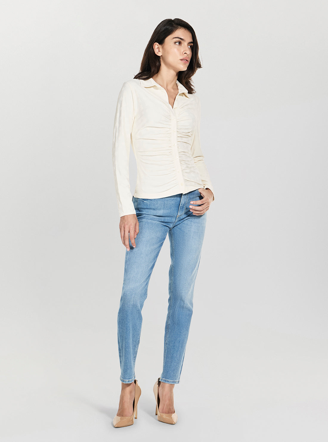 GUESS Womens White Shirring Nyna Top W6RP43KA660 Side View