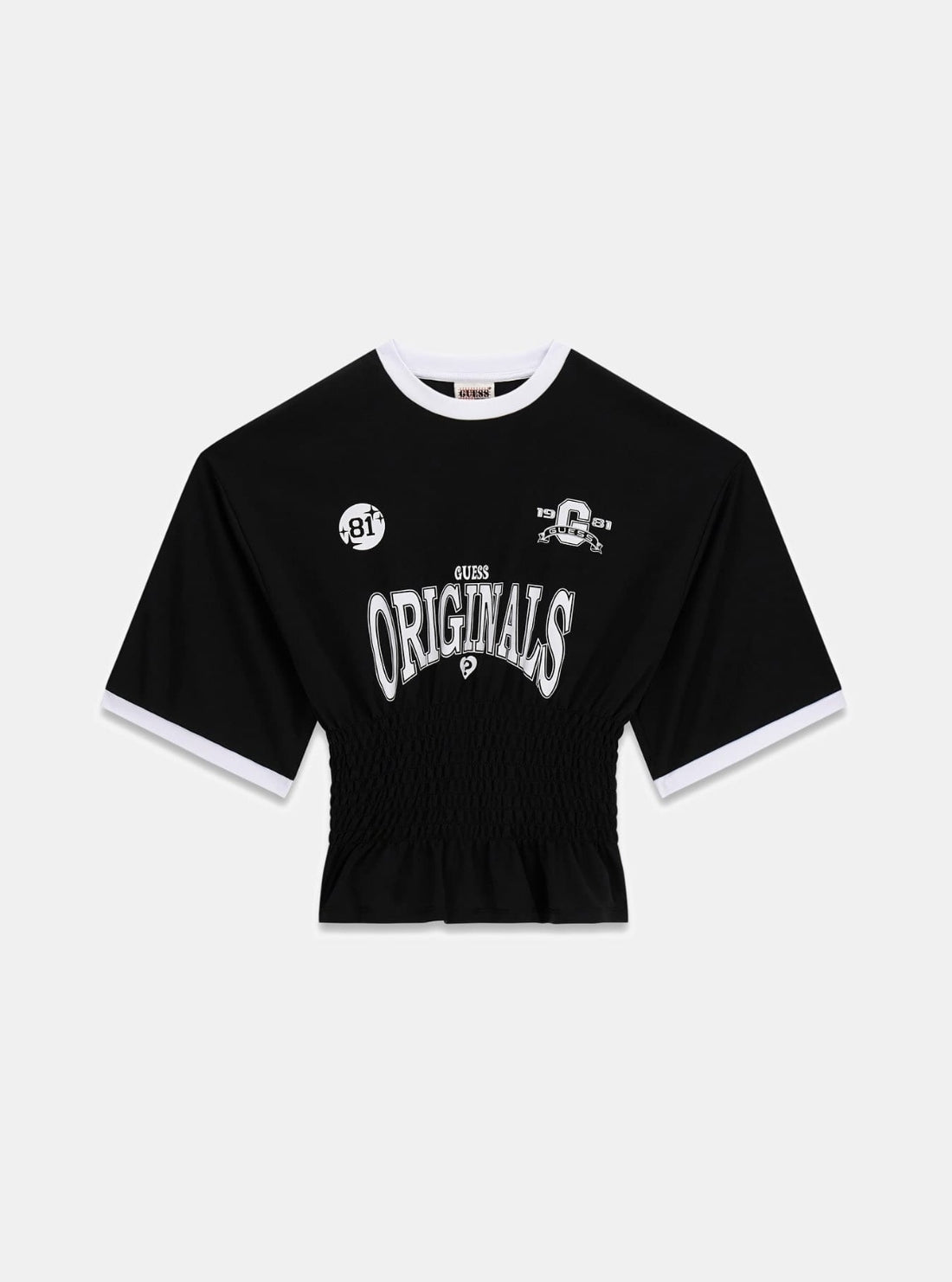 Guess Originals Black Shirred Printed Sports T-Shirt W6RP48K1302 Flatlay