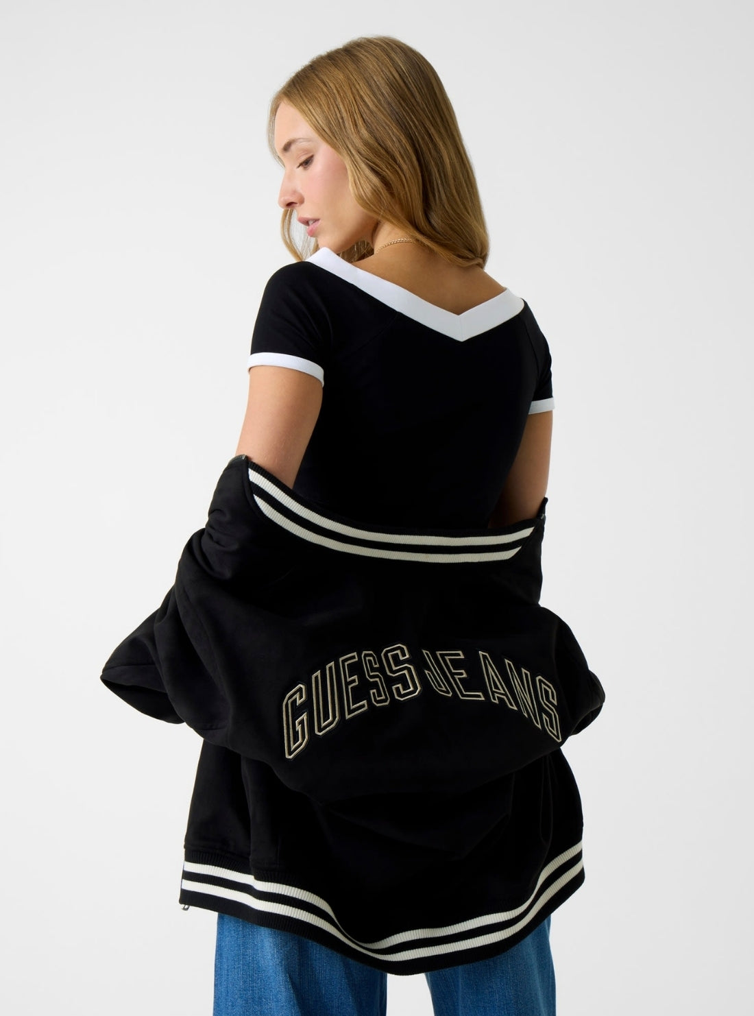 Guess Jeans Black V-Neck Off Shoulder Top W6RP51J1314 Back View