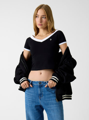 Guess Jeans Black V-Neck Off Shoulder Top W6RP51J1314 Front View