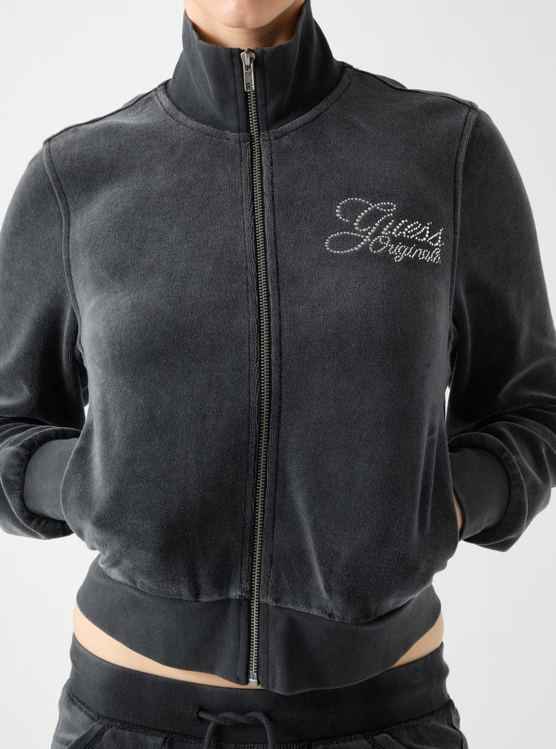 Guess Originals Eco Black Rhinestone Velour Jacket W6RQ26KCUF1 Detail View