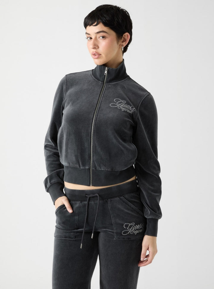 Guess Originals Eco Black Rhinestone Velour Jacket W6RQ26KCUF1 Front View