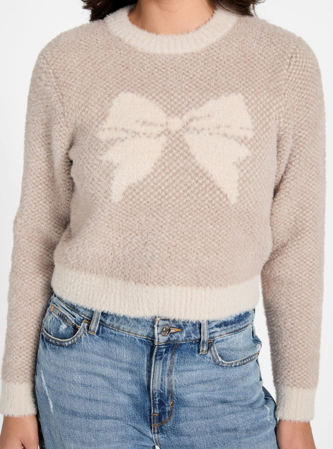 GUESS Womens Beige Bow Jacquard Sweater W6RR04Z3BJ0 Detail View