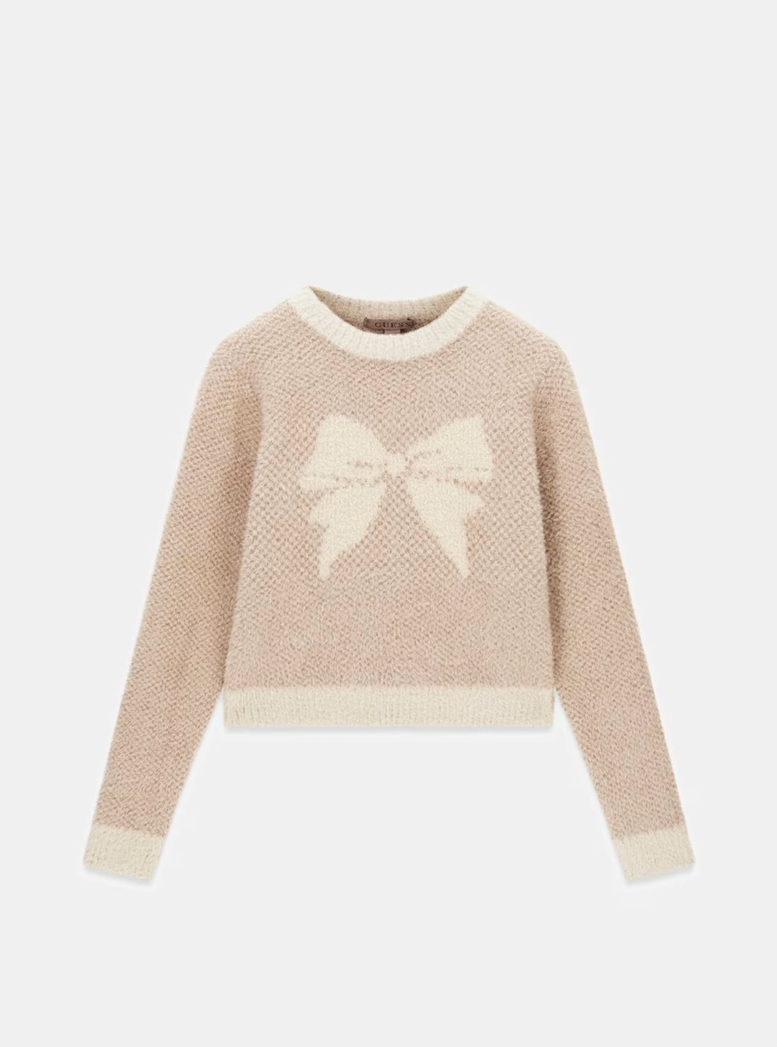 GUESS Womens Beige Bow Jacquard Sweater W6RR04Z3BJ0 Flatlay