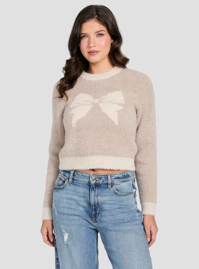 GUESS Womens Beige Bow Jacquard Sweater W6RR04Z3BJ0 Front View