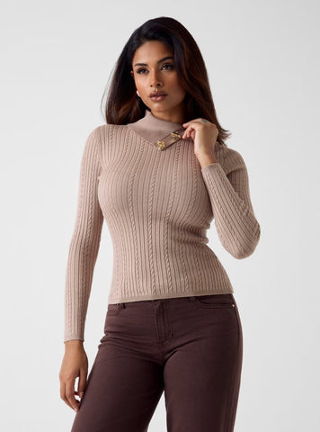 GUESS Womens Eco Beige Priscilla Cable Rib Sweater W6RR07Z2YK2 Front View