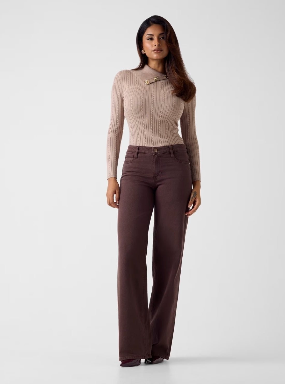 GUESS Womens Eco Beige Priscilla Cable Rib Sweater W6RR07Z2YK2 Full View