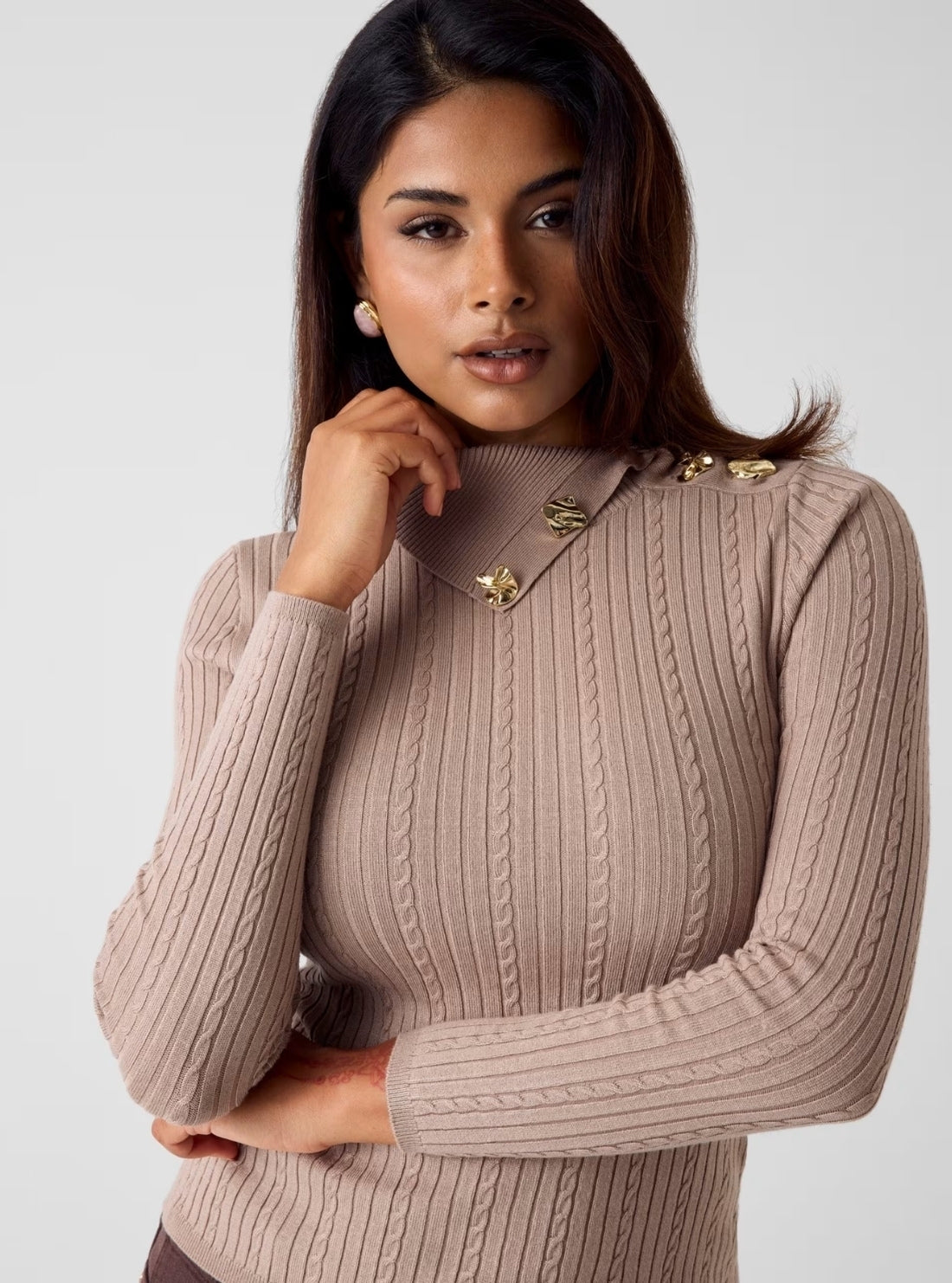 GUESS Womens Eco Beige Priscilla Cable Rib Sweater W6RR07Z2YK2 Detail View