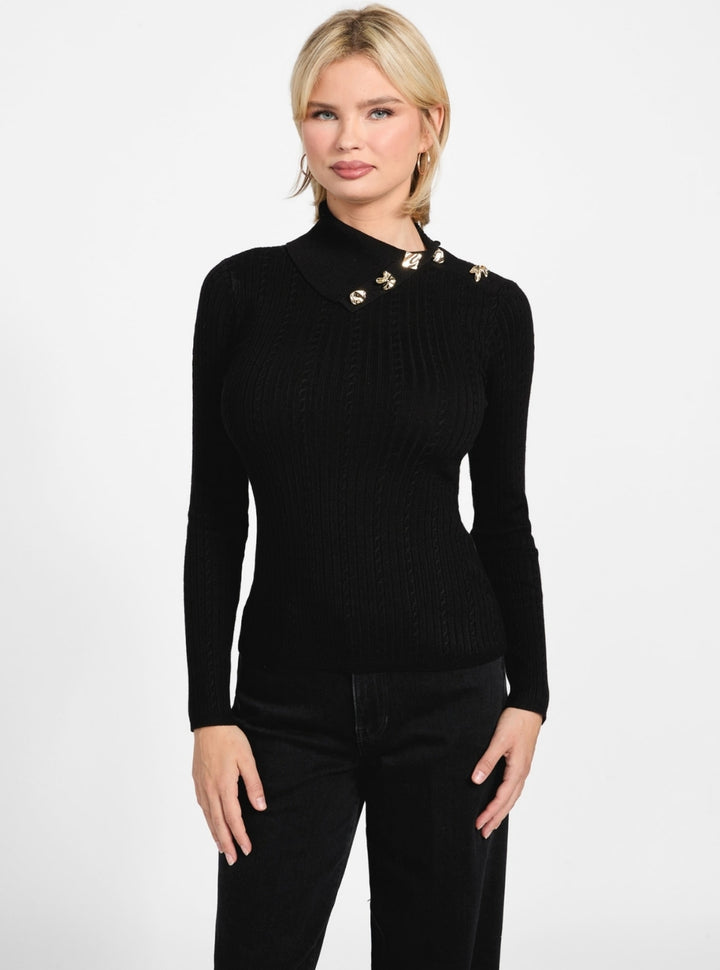 GUESS Womens Eco Black Priscilla Cable Rib Sweater W6RR07Z2YK2 Front View