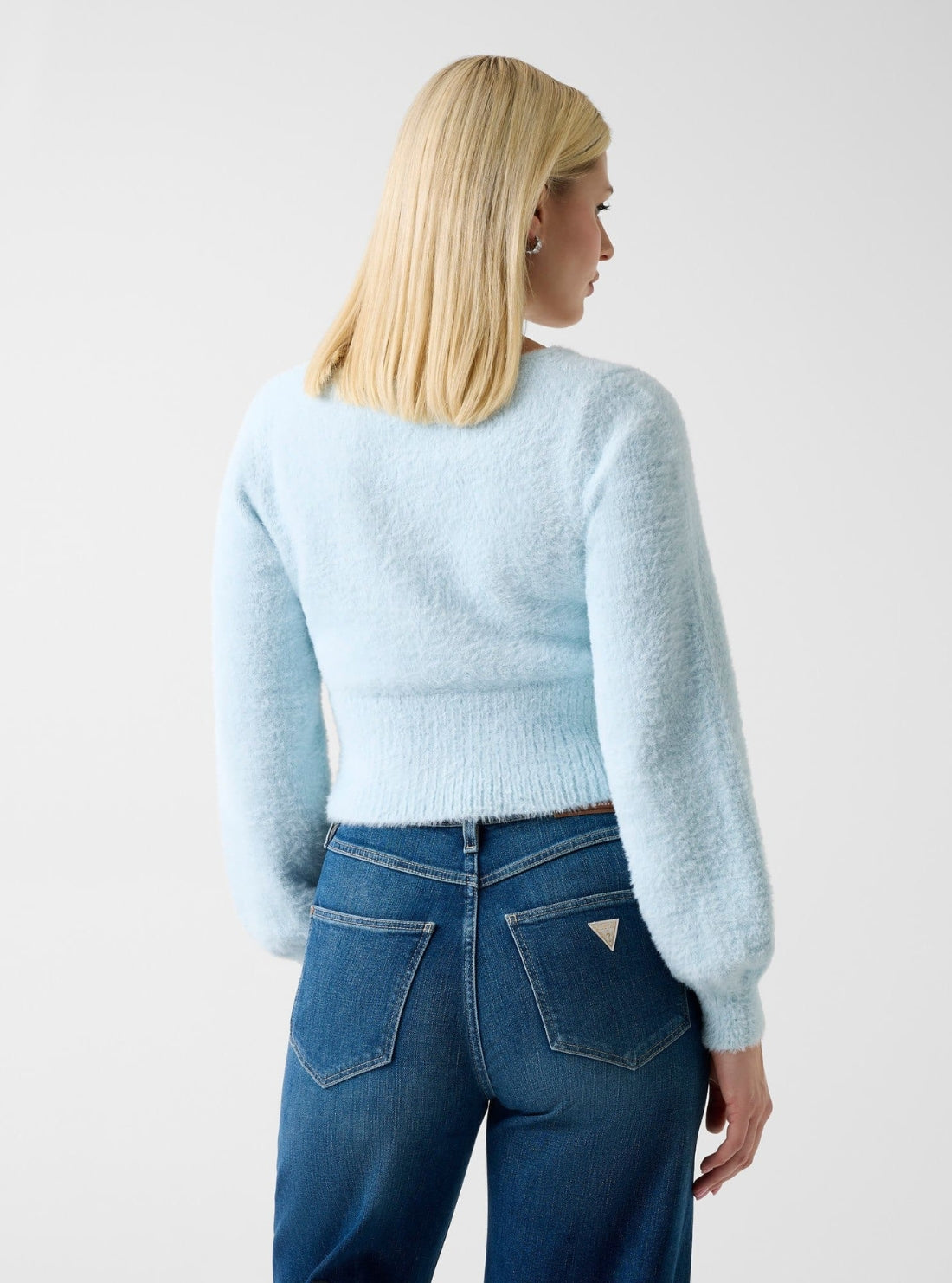 GUESS Womens Light Blue Myko Fuzzy Cardigan W6RR10Z3BJ0 Back View