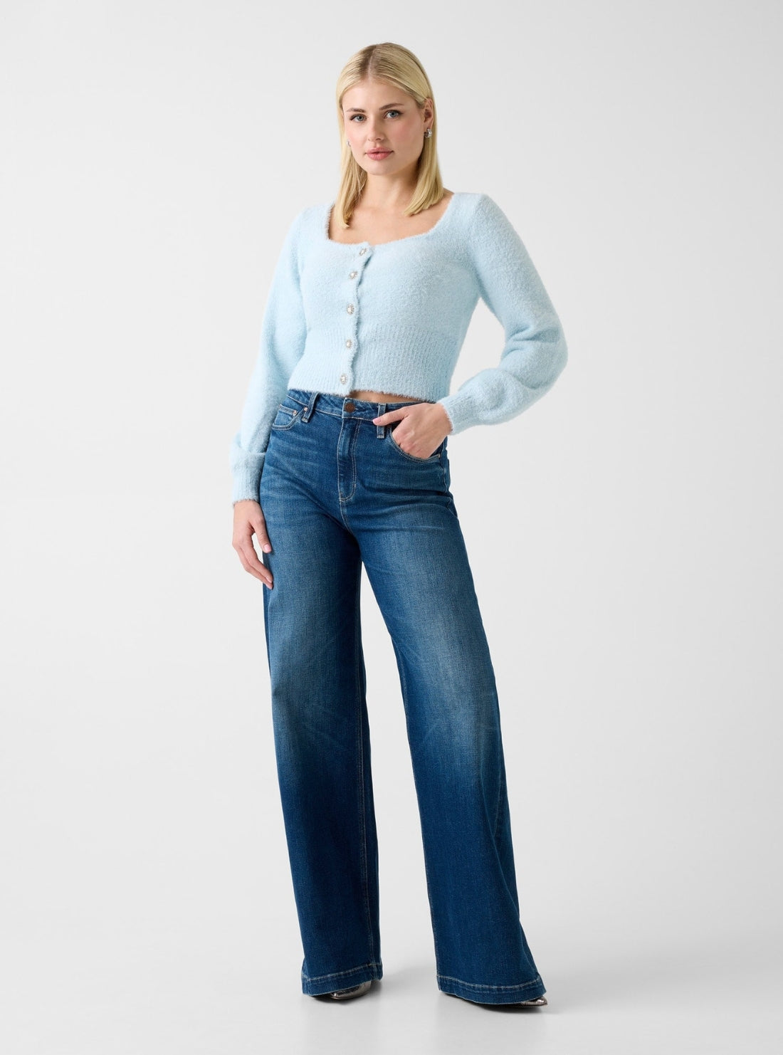GUESS Womens Light Blue Myko Fuzzy Cardigan W6RR10Z3BJ0 Full View