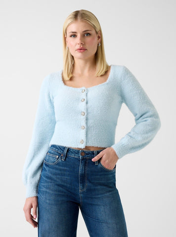 GUESS Womens Light Blue Myko Fuzzy Cardigan W6RR10Z3BJ0 Front View