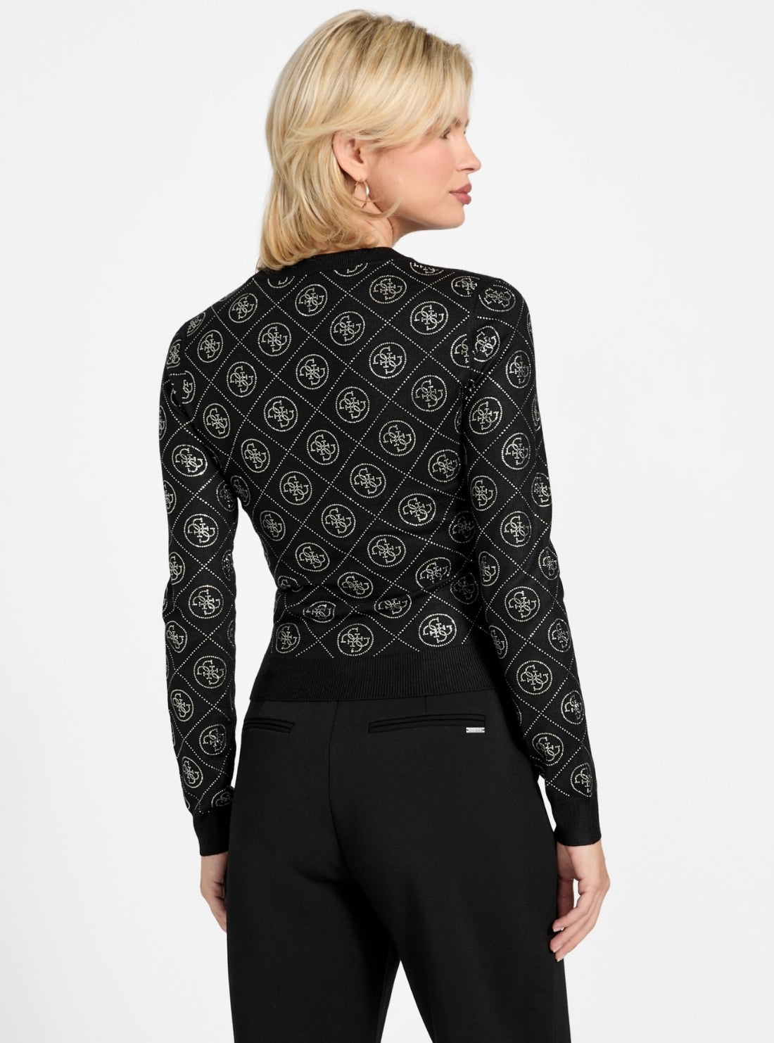 GUESS Womens Black Rhinestone 4G Sweater W6RR66Z3JD2 Back View