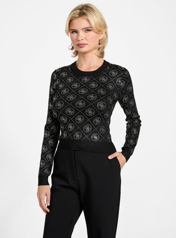 GUESS Womens Black Rhinestone 4G Sweater W6RR66Z3JD2 Front View