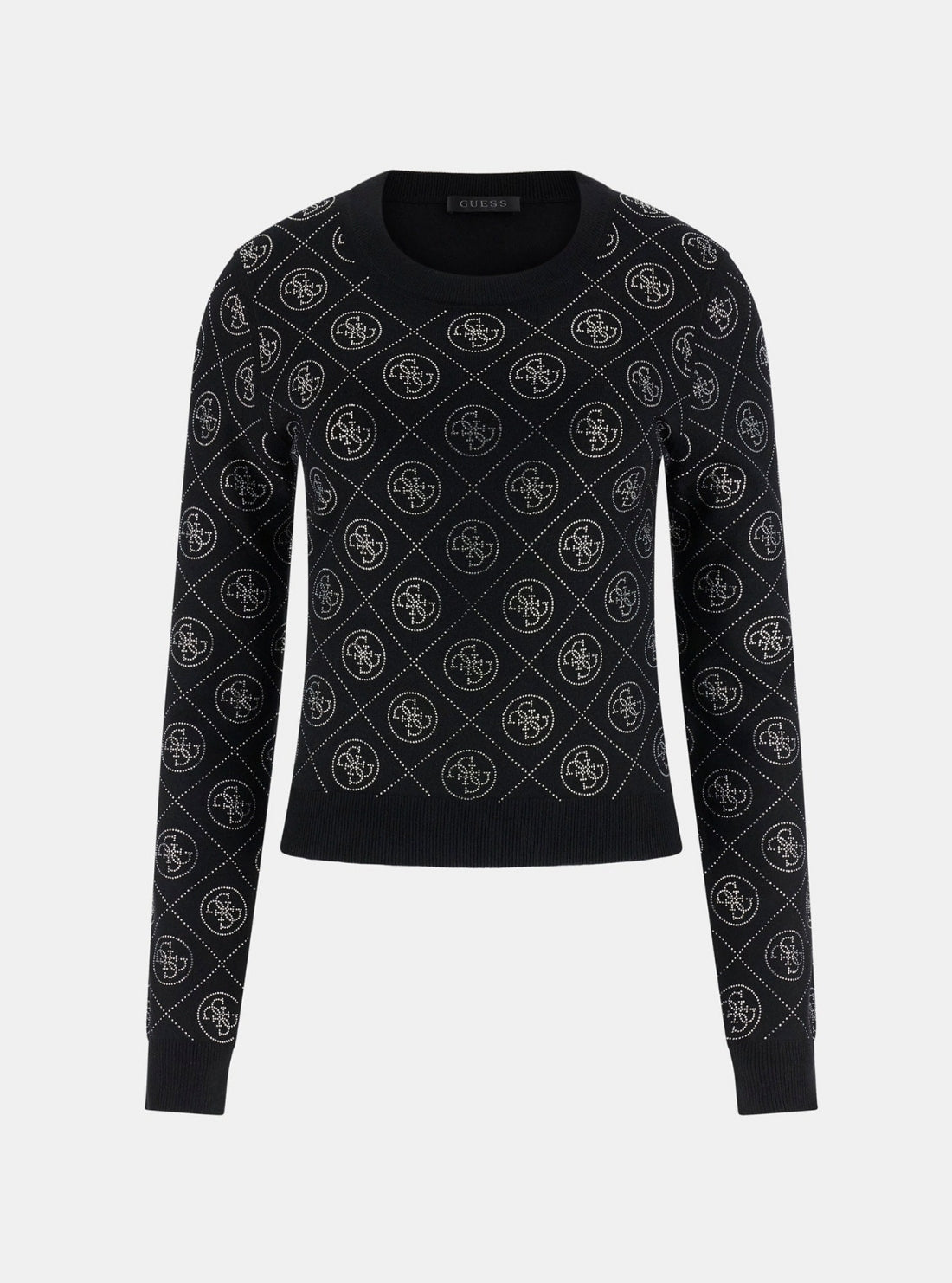 GUESS Womens Black Rhinestone 4G Sweater W6RR66Z3JD2 Flatlay