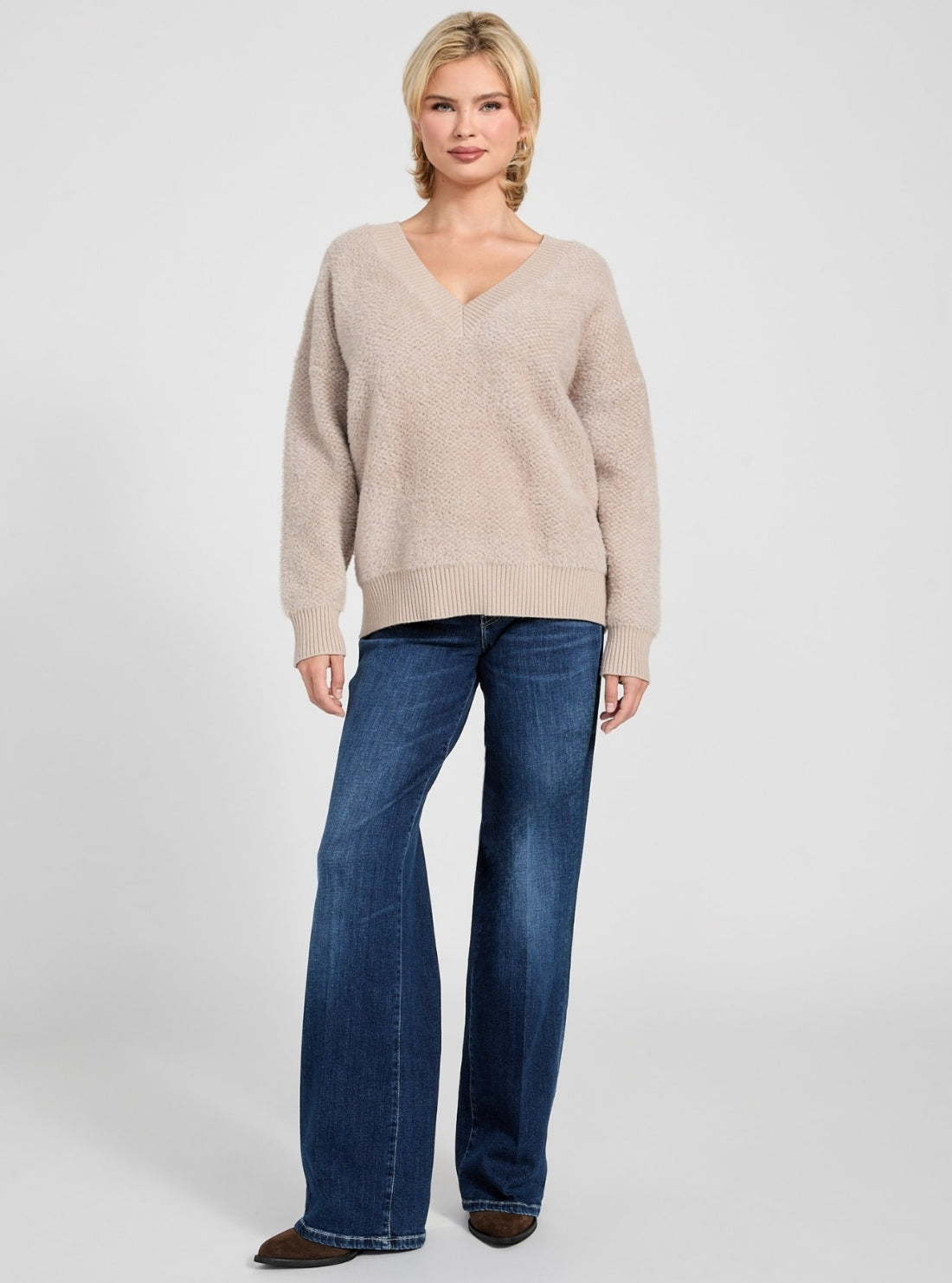 GUESS Womens Beige Lydia Oversized Fuzzy Sweater W6RR69Z3BJ0 Full View