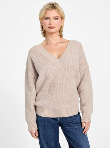 GUESS Womens Beige Lydia Oversized Fuzzy Sweater W6RR69Z3BJ0 Front View