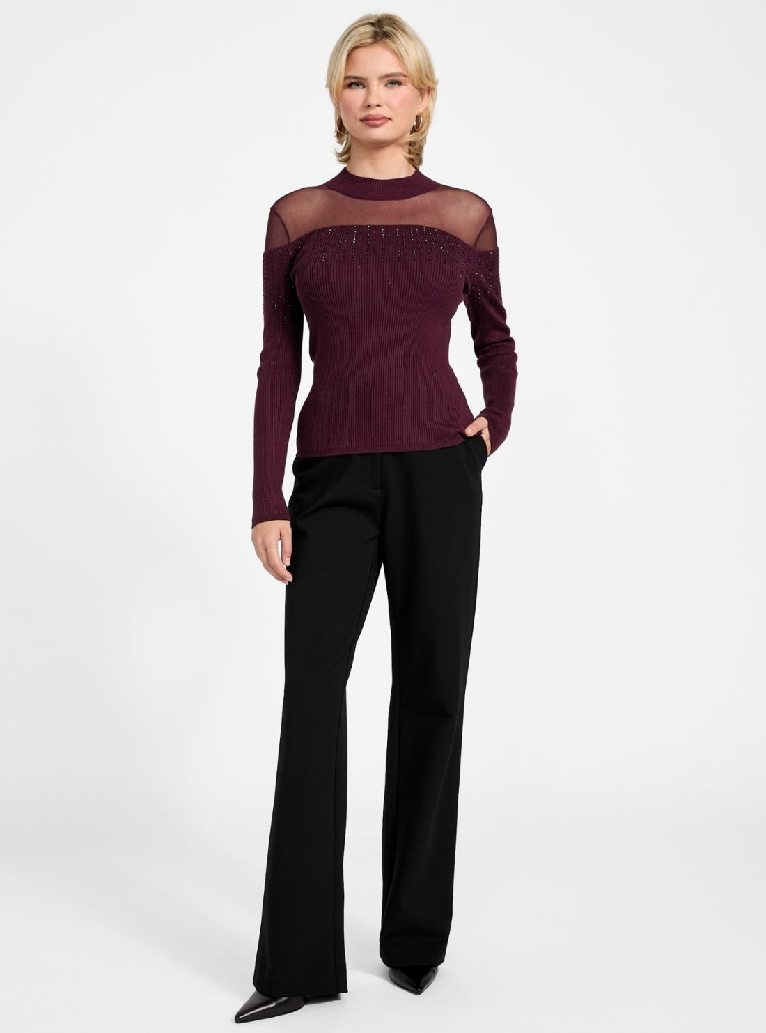 GUESS Womens Eco Red Jeena Embellished Rib Sweater W6RR70Z2YK2 Full View