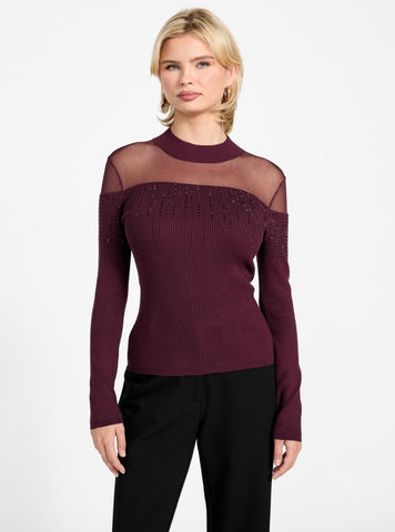 GUESS Womens Eco Red Jeena Embellished Rib Sweater W6RR70Z2YK2 Front View